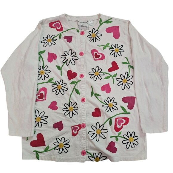 Michael Simon 100% Cotton Pink Red Embroidered Hearts Flowers Cardigan Medium - Picture 2 of 11